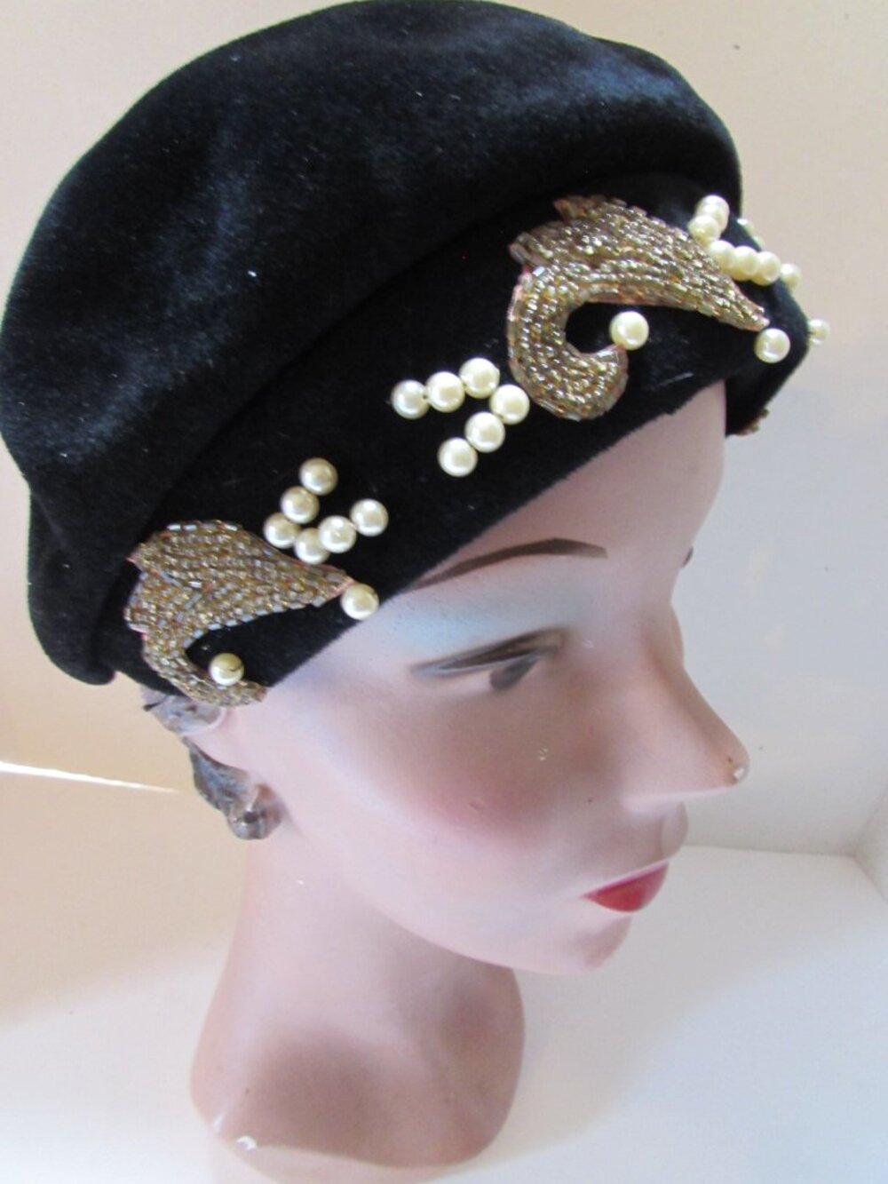 Vintage Black Velour Half Hat Gold Seed Bead Decoration